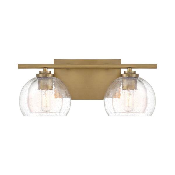 Glint 15.5 in. 2-Light Legacy Brass Vanity Light with Double Clear Seeded Glass Shades