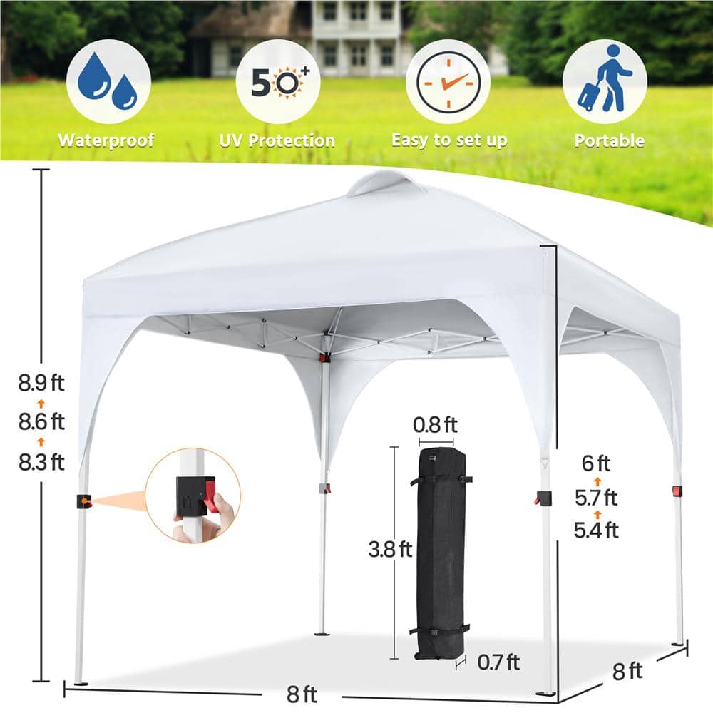 8x8 Ft White Steel Pop-Up Canopy Tent with Roller Bag