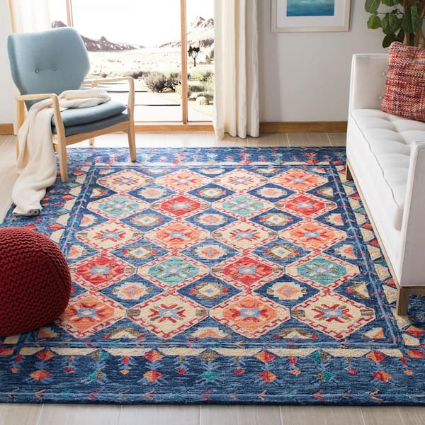 Aspen Navy/Orange 9 ft. x 9 ft. Square Geometric Area Rug