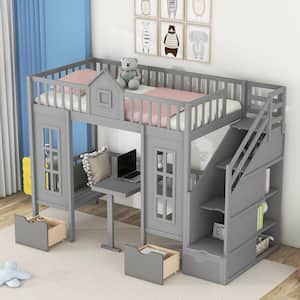 Gray Twin-Over-Twin Bunk Bed with Changeable Table, Bunk Bed Turn into Upper Bed and Down Desk