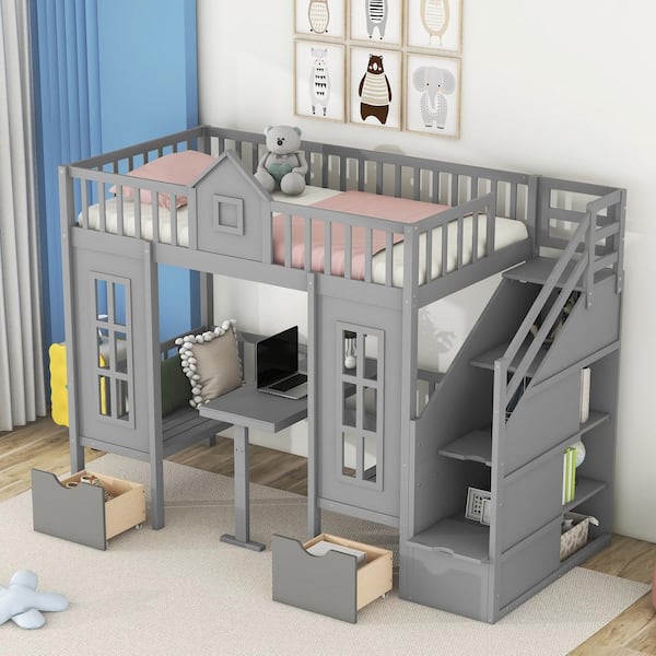 Gray Twin-Over-Twin Bunk Bed with Changeable Table, Bunk Bed Turn into Upper Bed and Down Desk