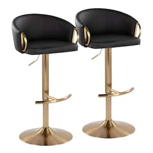 Claire 32.5 in. Black Faux Leather and Gold Metal Adjustable Bar Stool with Rounded T Footrest (Set of 2)