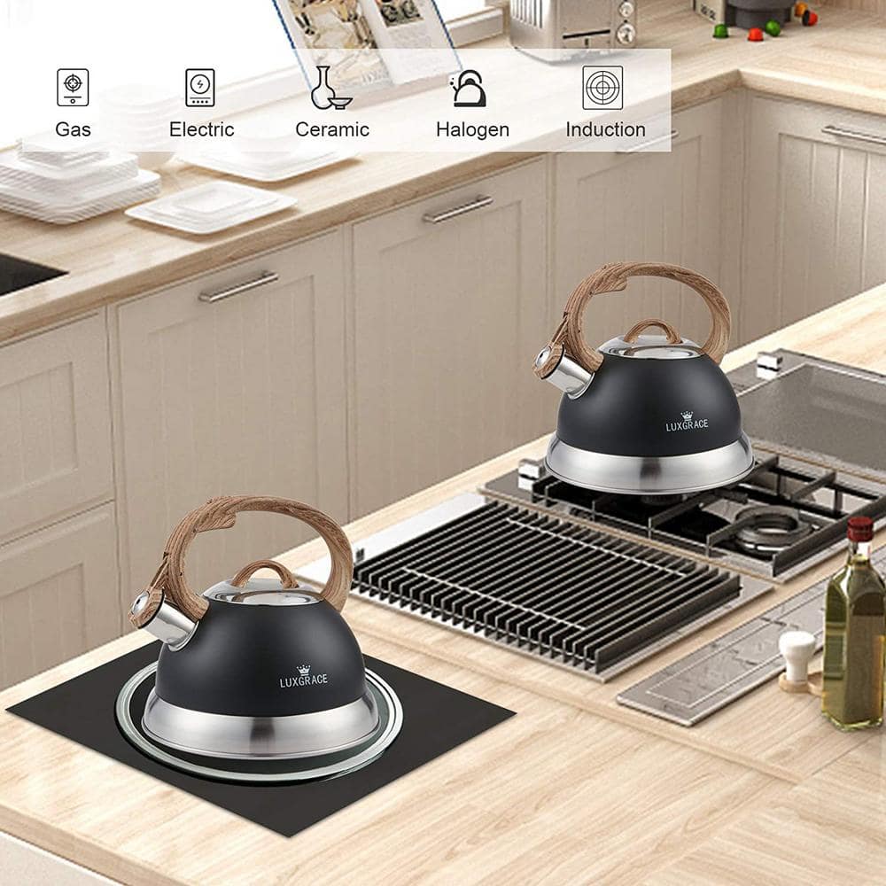 Opaque Black Stainless Steel Whistling Tea Kettle with Wood Handle