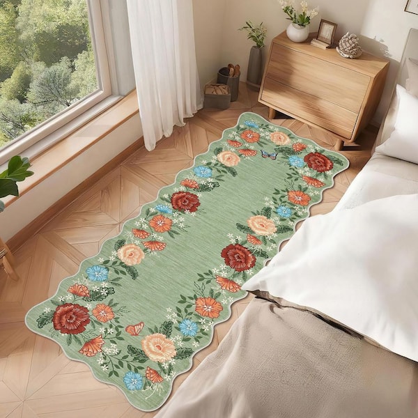 Wavy Edge Decorative Rug Machine Washable Vintage Floral Printed Area Carpet for Bedroom Apartment Green，2X6ft