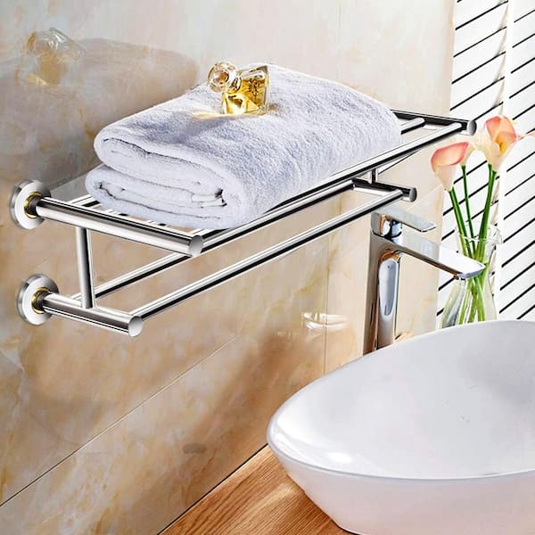 Bathroom Towel Rack Shelves - SUS304 Stainless Steel Rustproof with Double  Towel Bar & 5 Hooks, Shower Room Organizer, Shelf Holder, Bathroom Storage
