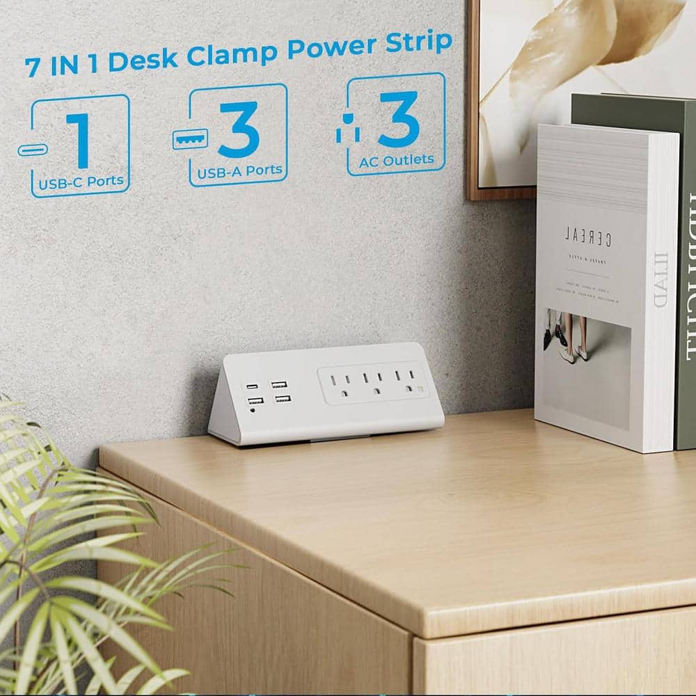 White Heavy Duty Power Strip with USB-C and USB-A Ports