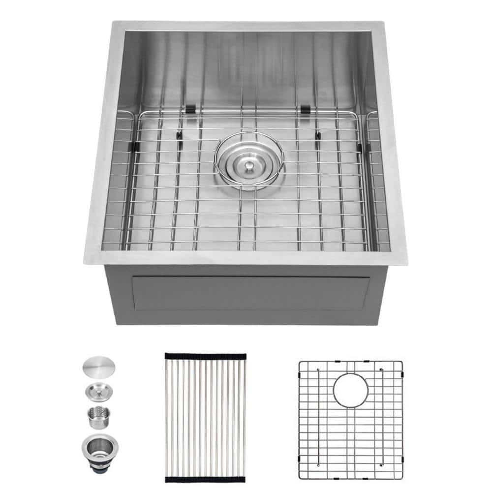 13 in. Undermount Single Bowl 18-Gauge Brushed Nickel Stainless Steel Kitchen Sink with Bottom Grid and Drying Rack -  EPOWP, LX-KS-22-1