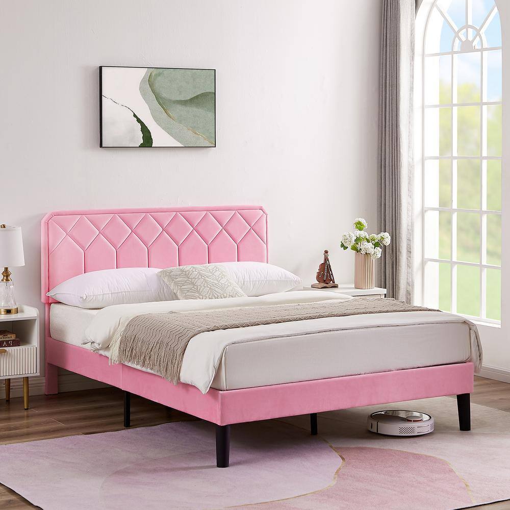 VECELO Bed Frame with Upholstered Headboard, Pink Metal Frame Queen ...