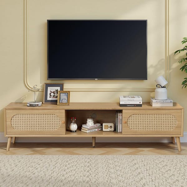 SPRUCE & SPRING Boho Natural TV Stand Fits TVs Up to 80 in. Farmhouse Media Console,Entertainment Center with Solid Wood Legs,TV Cabinet