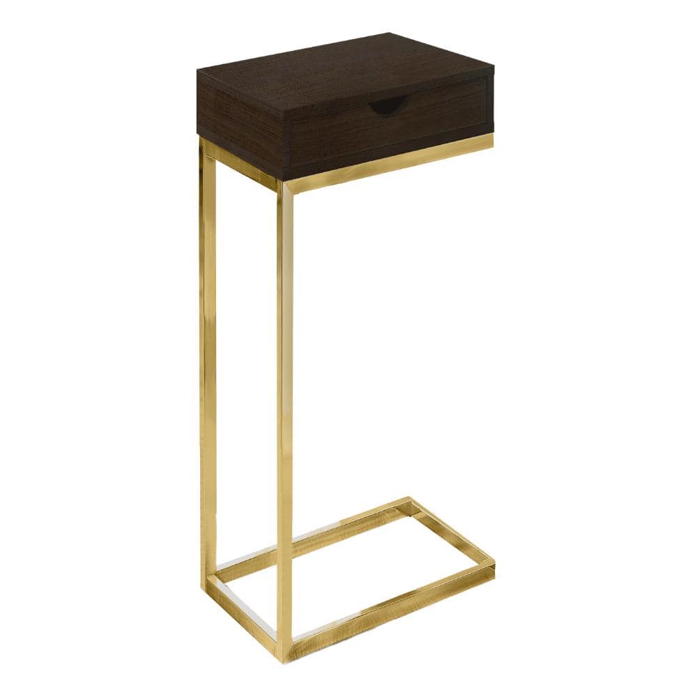 16 in. L x 10 in. W x 25 in. H C-Shaped Espresso Side Table, Drawer, Gold Base