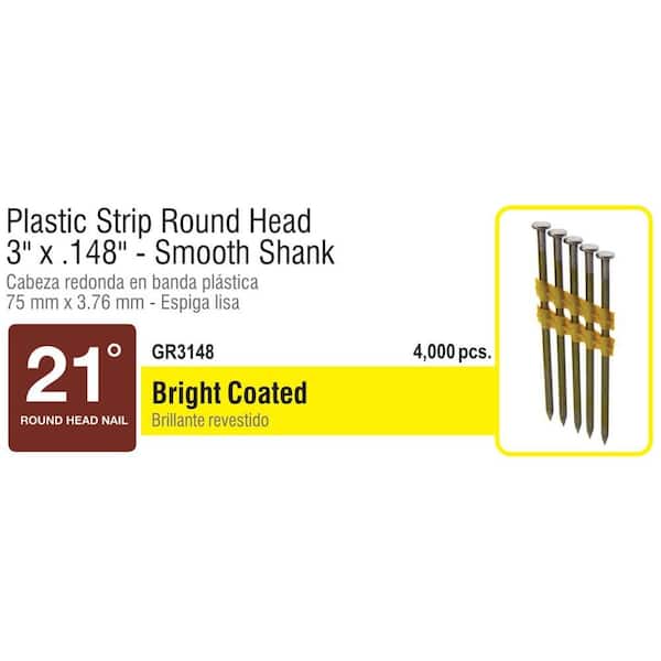 Grip-Rite 3 in. x 0.148 in. 21° Plastic Bright-Coated Smooth Shank Round Head Framing Nails (4,000 Per Box)