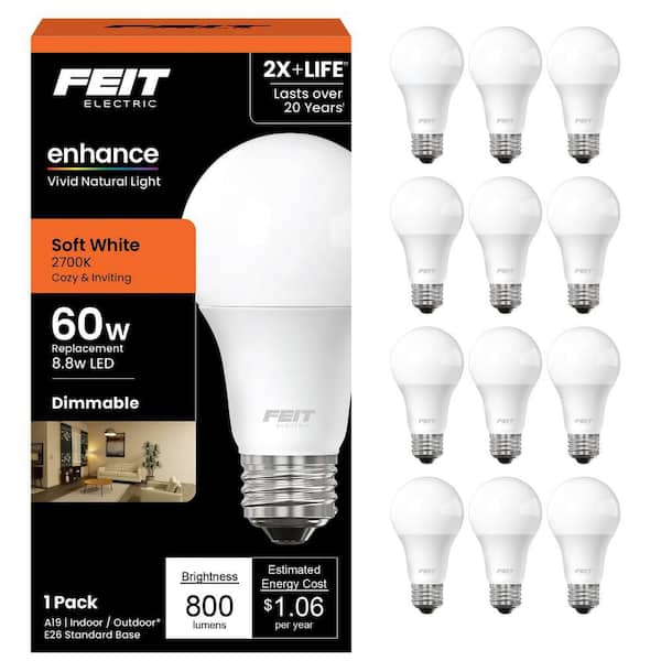60-Watt Equivalent A19 Dimmable CEC Title 20 90 CRI E26 Medium LED Light Bulb, Soft White 2700K (12-Pack)