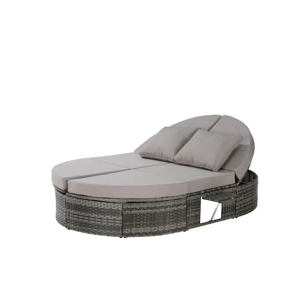 Unbranded Wicker Outdoor Reclining Day Bed, Lounger with Adjustable Backrests with Light Gray Cushions and Pillows