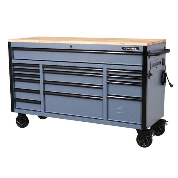 Heavy Duty 61 in. W x 22 in. D 15-Drawer Matte Cadet Gray Mobile Workbench Cabinet with Solid Wood Top
