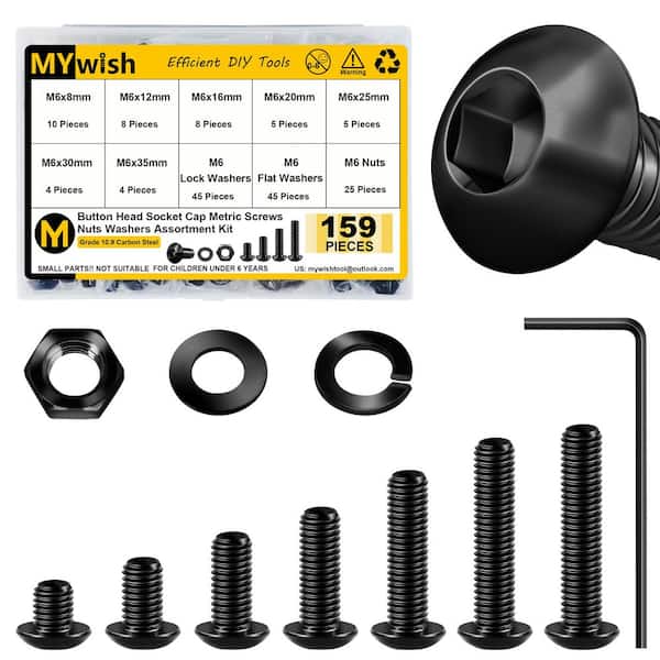 159-Piece M6 Black Oxide Grade 10.9 Hex Drive Button Head Socket Head Cap Screws Assortment Kit with Nuts and Washers