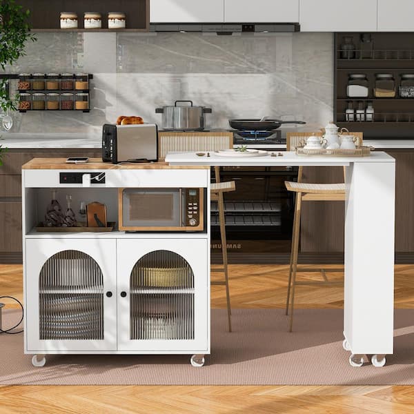 Unbranded White Wood Kitchen Cart with Storage, Kitchen Island with Extended Table/LED Light/Power Outlet/2 Fluted Glass Door