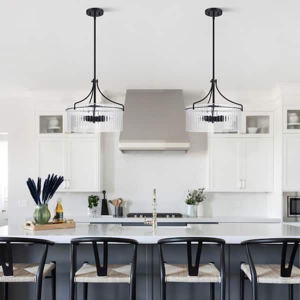 3-Light Painted Black Dimmable Pendant Light Chandelier with Clear Ribbed Glass Shade