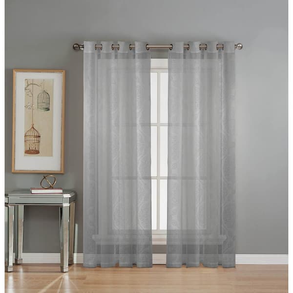 Window Elements Sheer Diamante Cotton Blend Burnout Sheer 84 in. L Grommet Curtain Panel Pair, Silver (Set of 2)