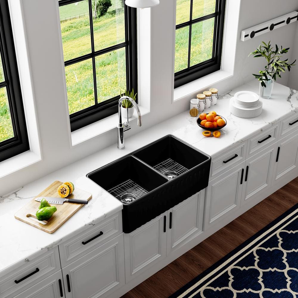 Matte Black Double Basin Fireclay Farmhouse Sink with Drainboard