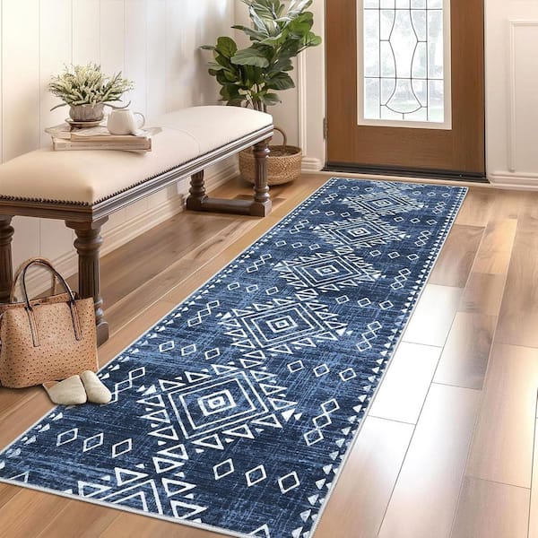 Blue 2 ft. x 8 ft. Washable Vintage Distressed Bohemian Style Polyester Area Rug