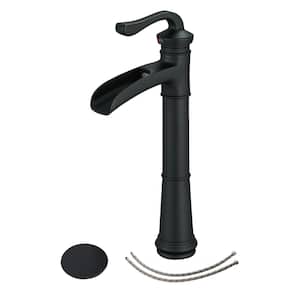 Waterfall Single Handle Single-Hole Bathroom Vessel Sink Faucet with Hot and Cold Holes and Pop Up Drain in Matte Black
