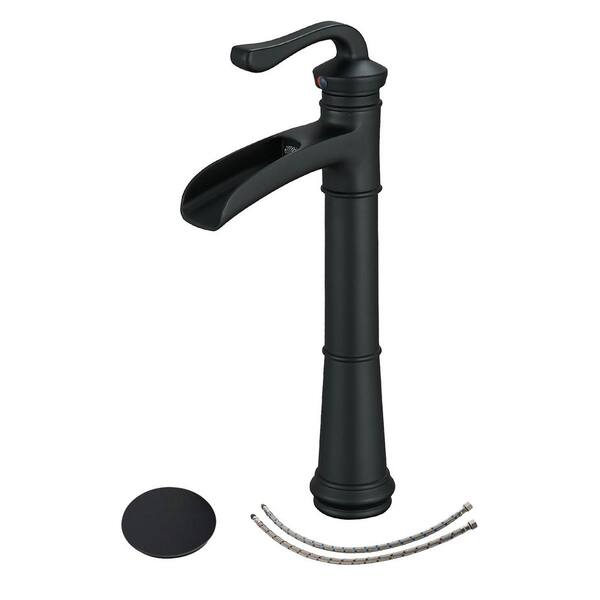 Fapully Waterfall Single Handle Single-Hole Bathroom Vessel Sink Faucet with Hot and Cold Holes and Pop Up Drain in Matte Black