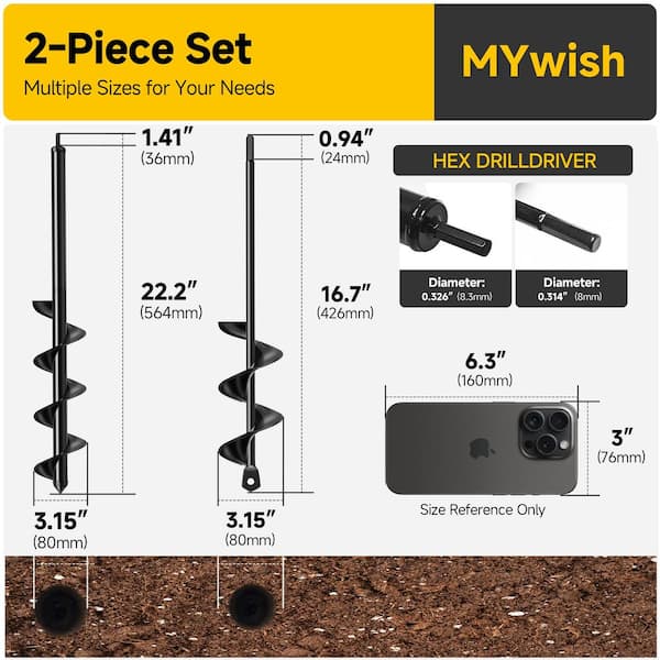 Long Reach High-Carbon Steel Garden Auger Drill Bit Set (2-Piece) for Planting (3/8 in. Drive) Black