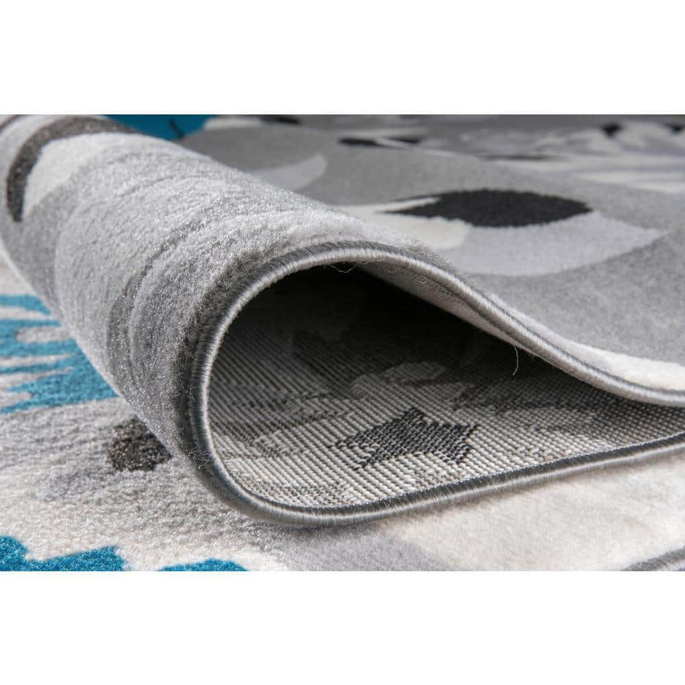 Modern Floral Design Blue and Gray Synthetic Runner Rug