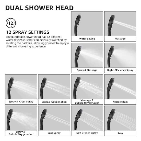 Rainfull 12-Spray 12 in. Wall Mount Dual Shower Head and Handheld Shower Head with S adjustable shower arm in Black