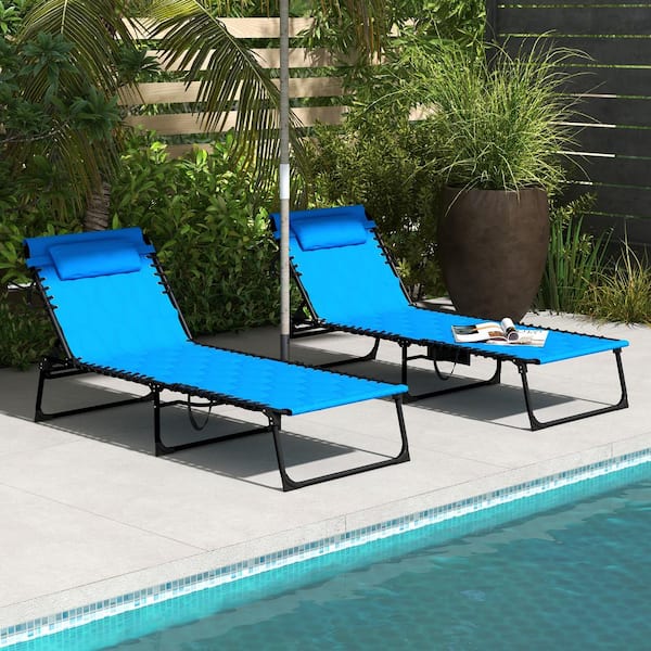 2-Piece Blue Folding Chaise Lounge Set with Reclining Back, Outdoor Lounge Tanning Chair with Padded Seat, Side Pocket