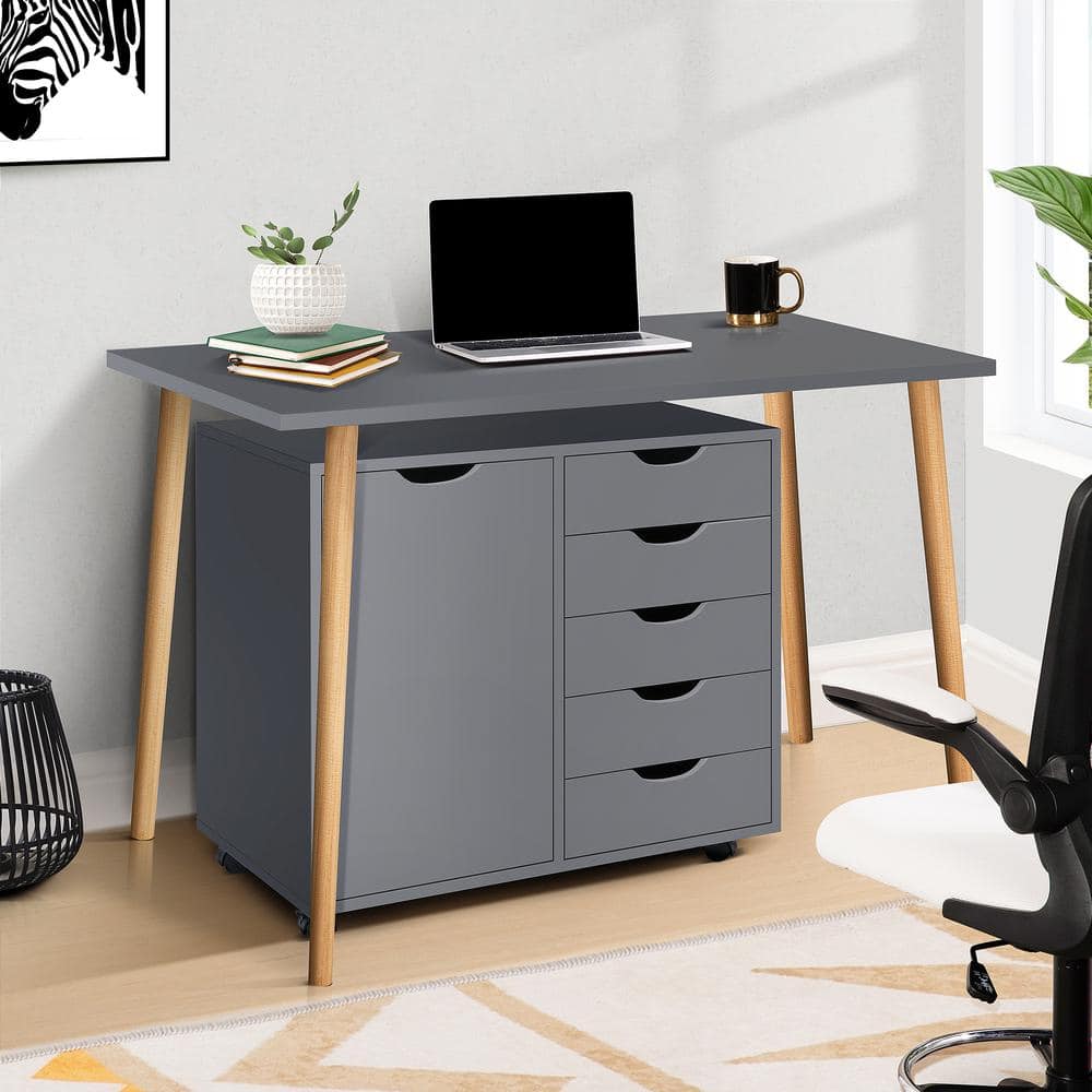 Gray Medium Wood 5-Drawer Mobile Lateral File Cabinet