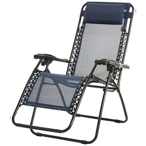 Adjustable Zero Gravity Folding Reclining Outdoor Lounge Chair with Pillow in Navy Blue