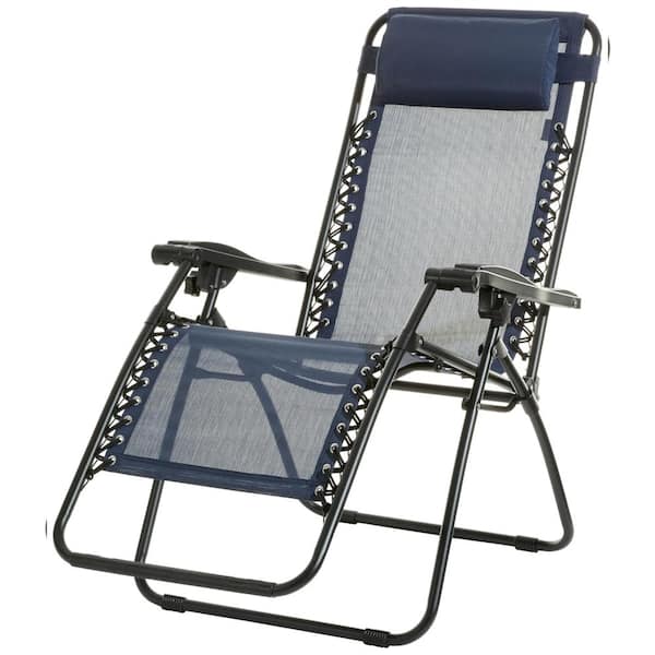 Unbranded Adjustable Zero Gravity Folding Reclining Outdoor Lounge Chair with Pillow in Navy Blue