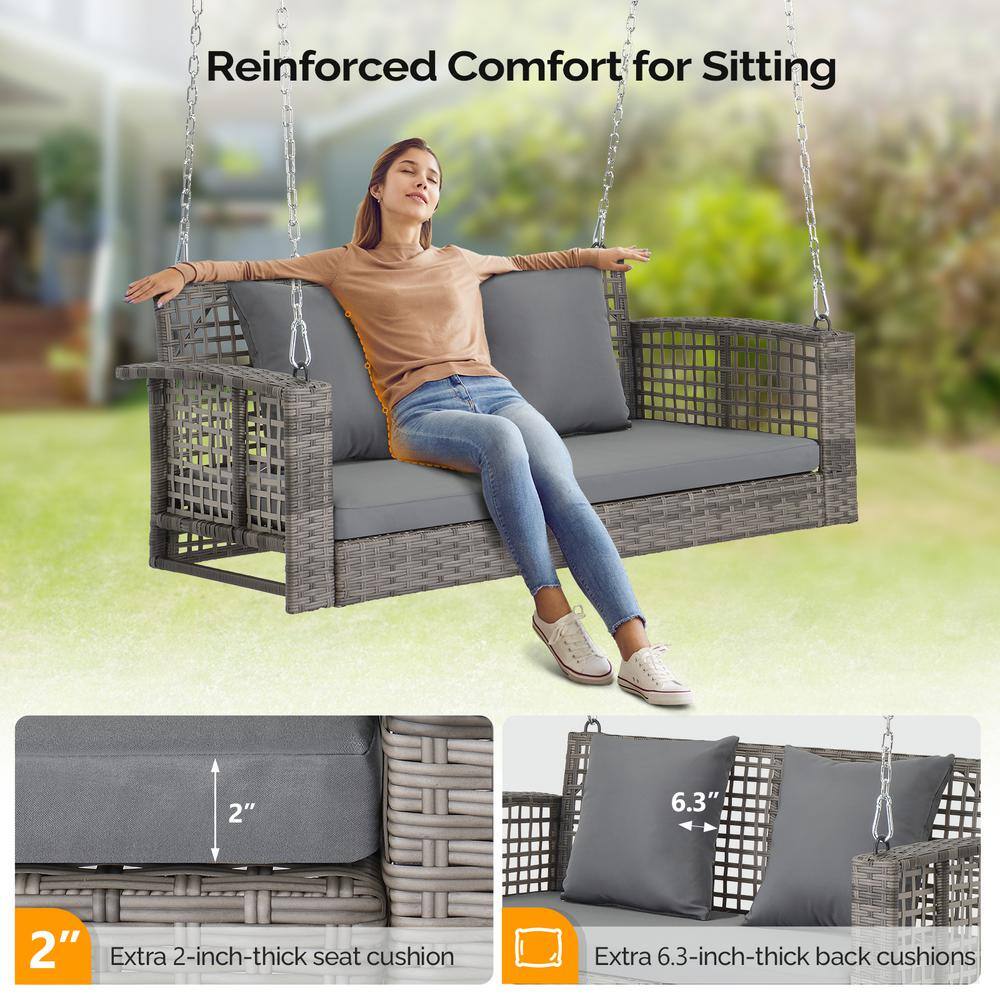 Gray Wicker 2-Person Porch Swing with Cushions and Steel Frame
