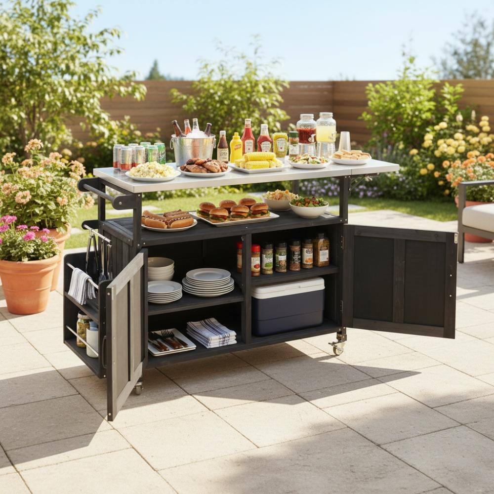 Foldable Outdoor Black Wood Kitchen Island Prep Station with Lockable Wheels, Storage Cabinet price history on PriceWatchPro