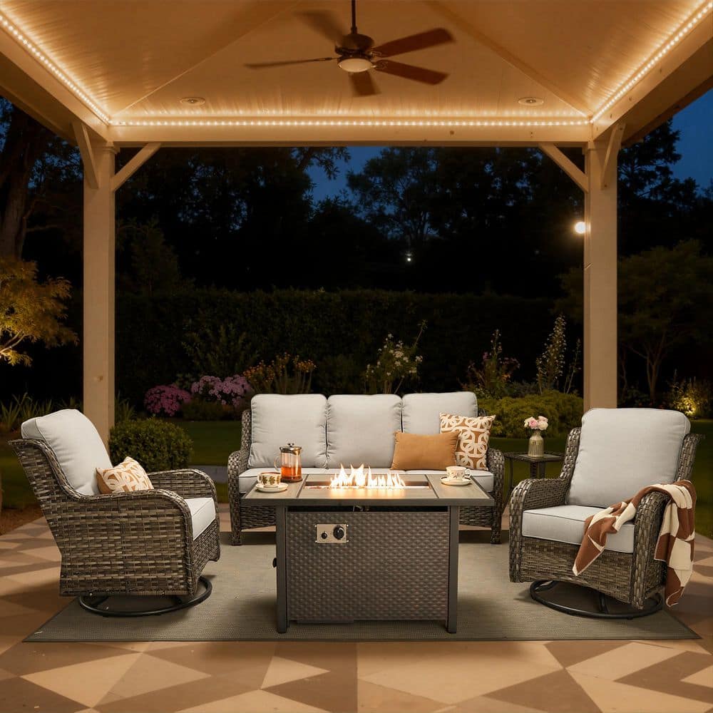 Nerium A 5-Piece Wicker Outdoor Patio 50000 BTU Fire Pit Conversation Set with Swivel Chairs and Gray Cushions price history on PriceWatchPro