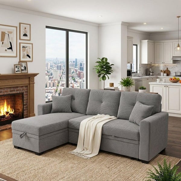 Mary 71 in. Fabric Upholstered L-Shaped Storage Sectional Sofa in Light Gray with Pull-Out Bed, Reversible Chaise