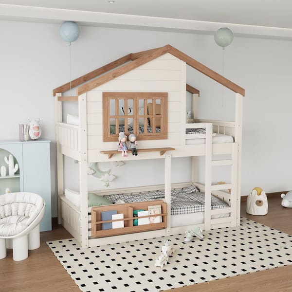 Beverly Beige Wood Frame Twin Size Bunk Bed with Bookshelf, Beige & Natural