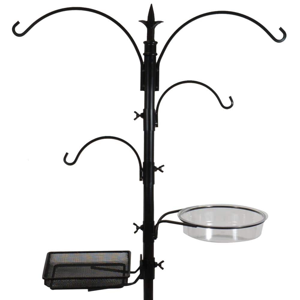 Tall Black Metal Bird Feeding and Bath Station with Hooks