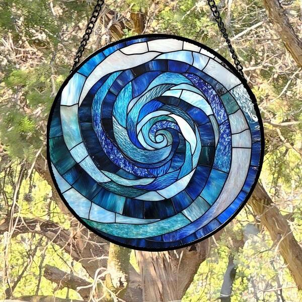 Blue Abstract Swirl Stained Glass Art Glass Window HDFH1ZSRTR