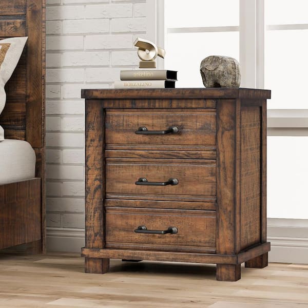 Polibi Rustic 3-Drawer Reclaimed Solid Wood Framhouse Nightstand (24 in. W x 17 in. D x 25.6 in. H)