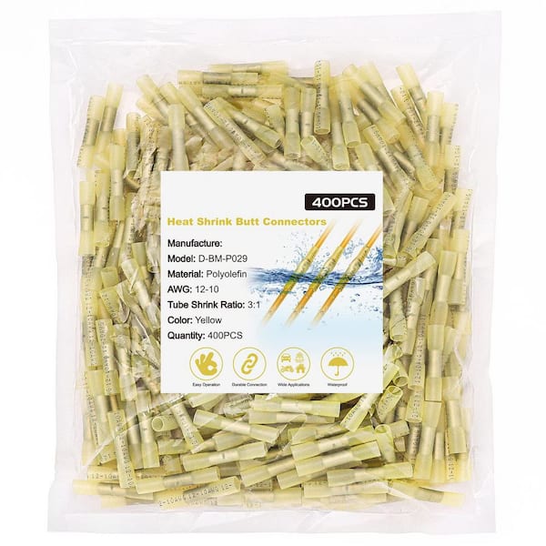 12-10 AWG 400-Pack Yellow Heat Shrink Butt Connectors with Tinned Copper Core for Marine and Electrical Wiring