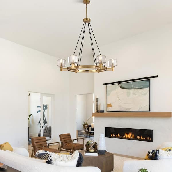 36 in. 6-Light Gold Farmhouse Wagon Wheel Chandelier with Crystal Lampshade for Dining Room, Living Room, Kitchen Island