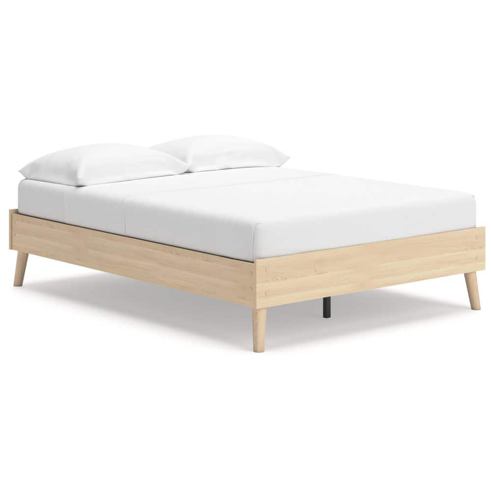 Light Brown Full Platform Bed with Wood Frame and Storage