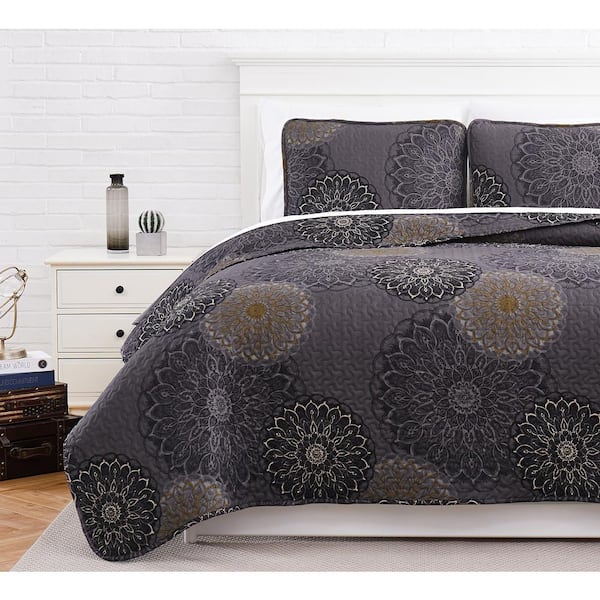 Midnight Floral Microfiber 3-Piece Black King Quilt Set