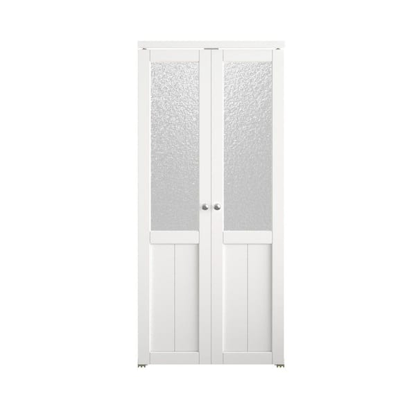 36 in. x 80 in. Weave Glass Solid Core MDF Bi-fold Door Plus French Style Pivot Hardware (1/2-Lite White Finished)