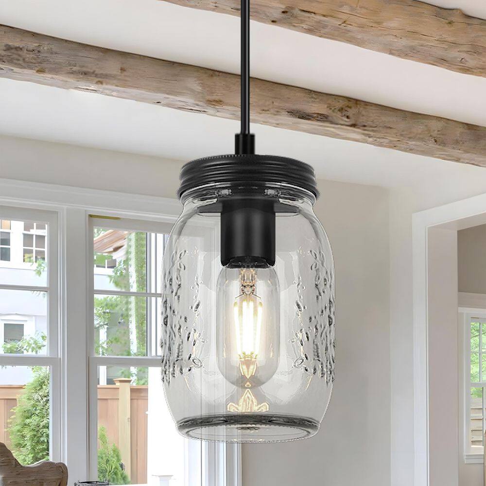 1-Light Black Farmhouse Mason Jar Kitchen Island Pendant Light