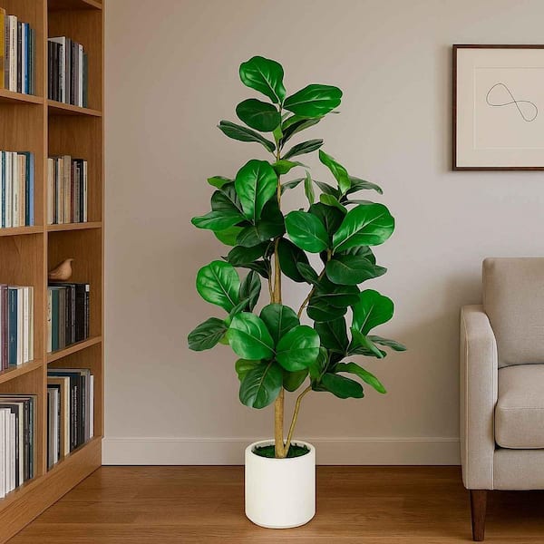 VIVATREES 5 ft. Artificial Fiddle Leaf Fig Faux Tree Fiddle Leaves Banjo Fig in White Pot for Indoor Outdoor Decor
