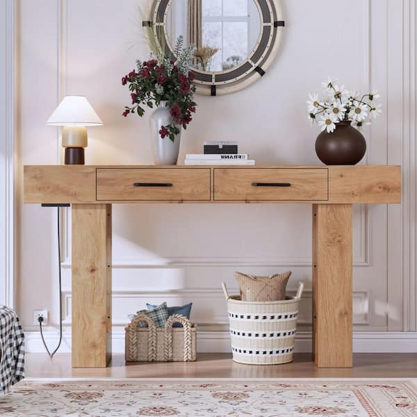 63 in. Burl Rectangle MDF Farmhouse Console Table with Outlets and USB Ports, Sofa Table with Drawers