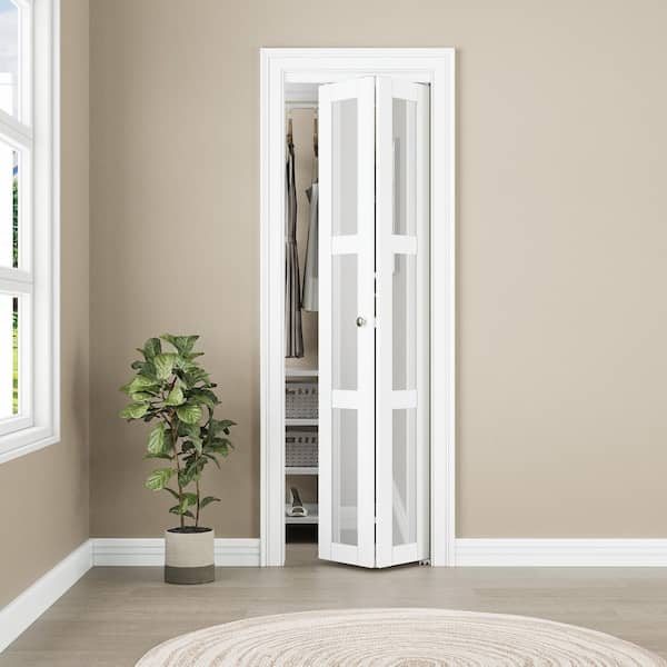 24 in. x 96 in. 3-Lite Frosted Glass Solid Core White Finished Glass Closet Bi-Fold Door with Hardware